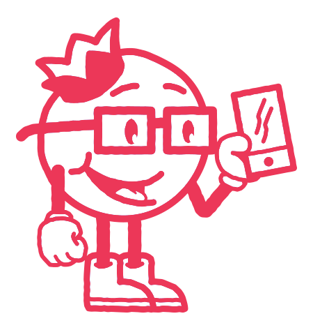 Personnage Bluberi animé avec lunettes soleil et tient un téléphone, en rouge  