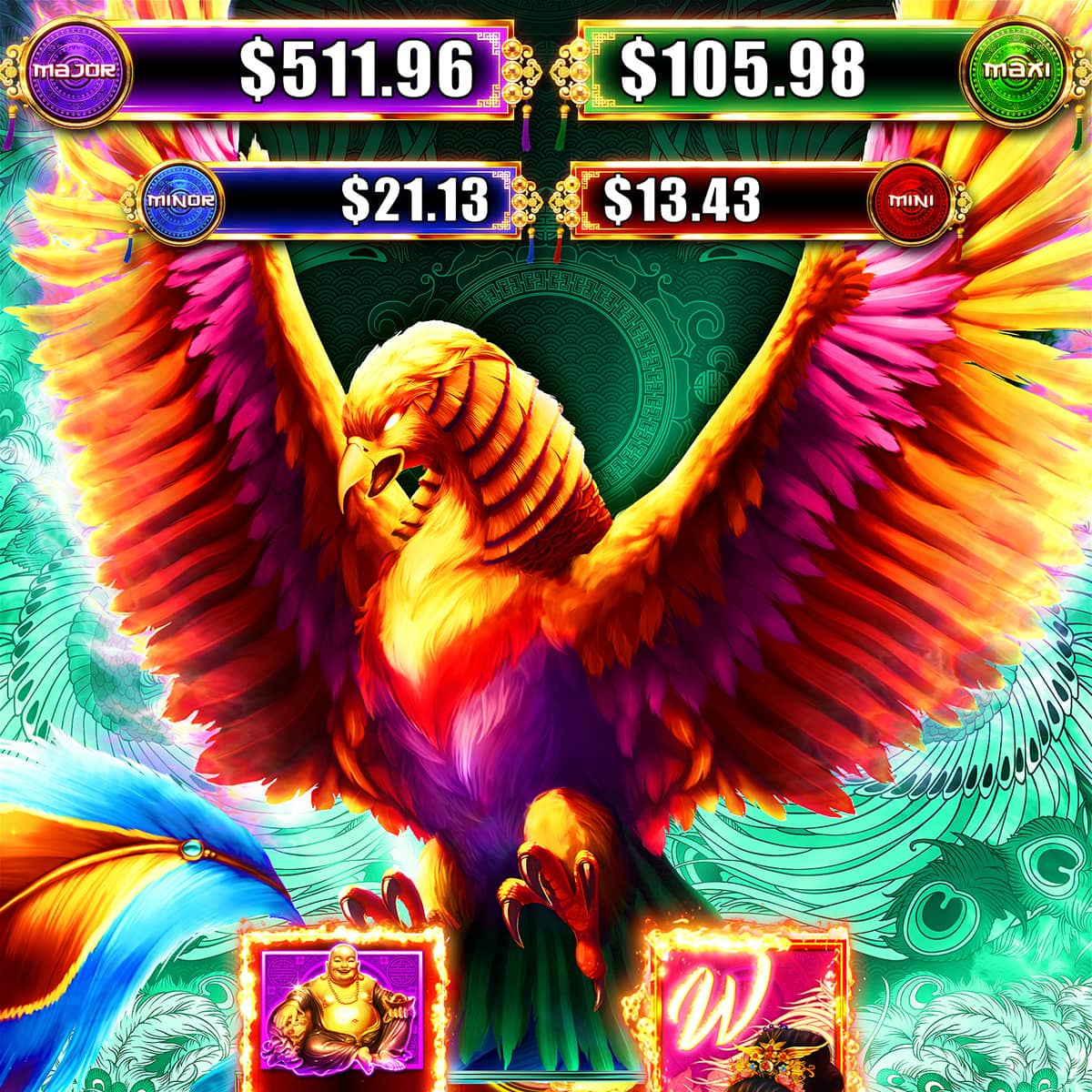 Image du Phoenix et écran affichant les Jackpots 